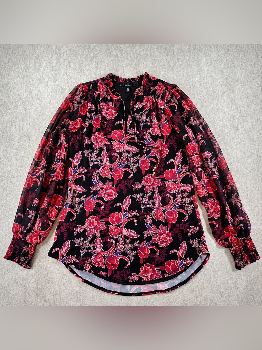 White House Black Market Floral Tunic Blouse Sheer Sleeve M - Picture 2 of 13